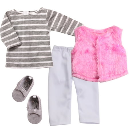 UPC: 0888798012609 | Sophia s 4 Piece Winter Dress Furry Vest and Leggings Outfit with Shoes Set for 15 Dolls Pink/Gray