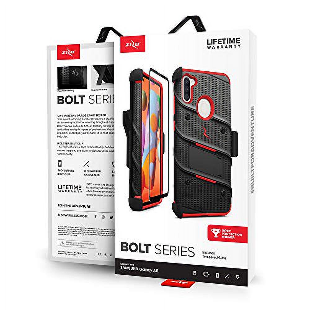 Zizo Bolt Series Samsung Galaxy A11 Case with Screen Protector Kickstand Holster Lanyard - Black & Red