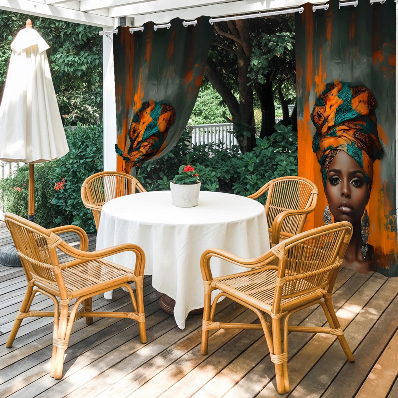 African Woman with Beauty Turban Outdoor Curtains for Patio, Portrait Orange Gray Graffiti Sunshade Privacy Drapes Grommet Waterproof Outside Curtains for Porch/Cabana/Balcony 54"x 108", 1 Panel