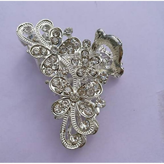 Numblartd Vintage Silver Chic Alloy Fancy Hair Claw Jaw Clips Pins with White Rhinestone - Fashion Retro Hair Catch Hair Updo Grip Hair Accessories for Women