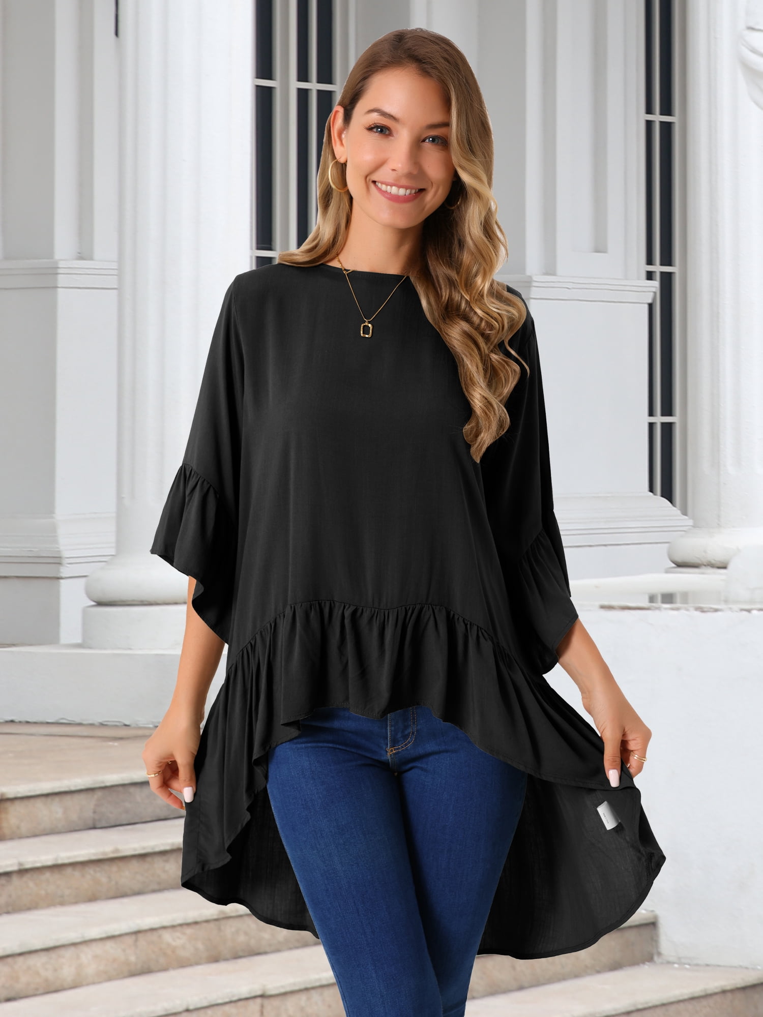 DARING DIVA Women's High Low Tops Bell Sleeve Crewneck Ruffle Blouse M Black