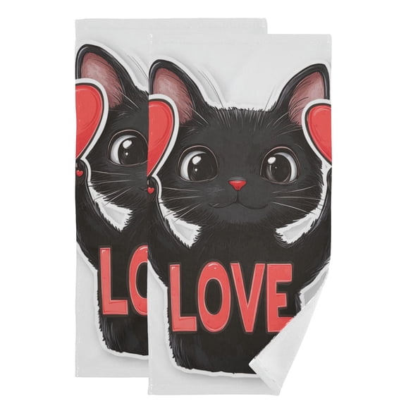 Cute Black Cat with Hearts Love Valentine Hand Towel Absorbent Bath Towels for Bathroom Sports Gym 28" x 14" Set of 2