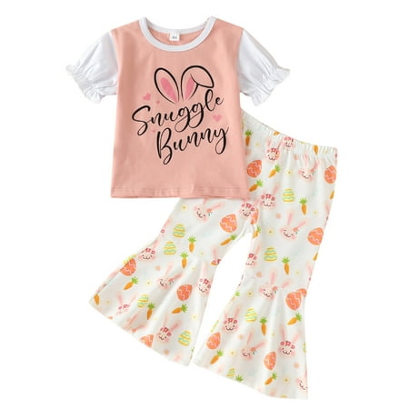

Little Girls Party Dailywear Sets Easter Day Cartoon Rabbit Printed Short Sleeve O-Neck Shirt Pullover Tops Bell Bottoms Pants Outfits Dailywears Comfortable Loose Fittness Sets