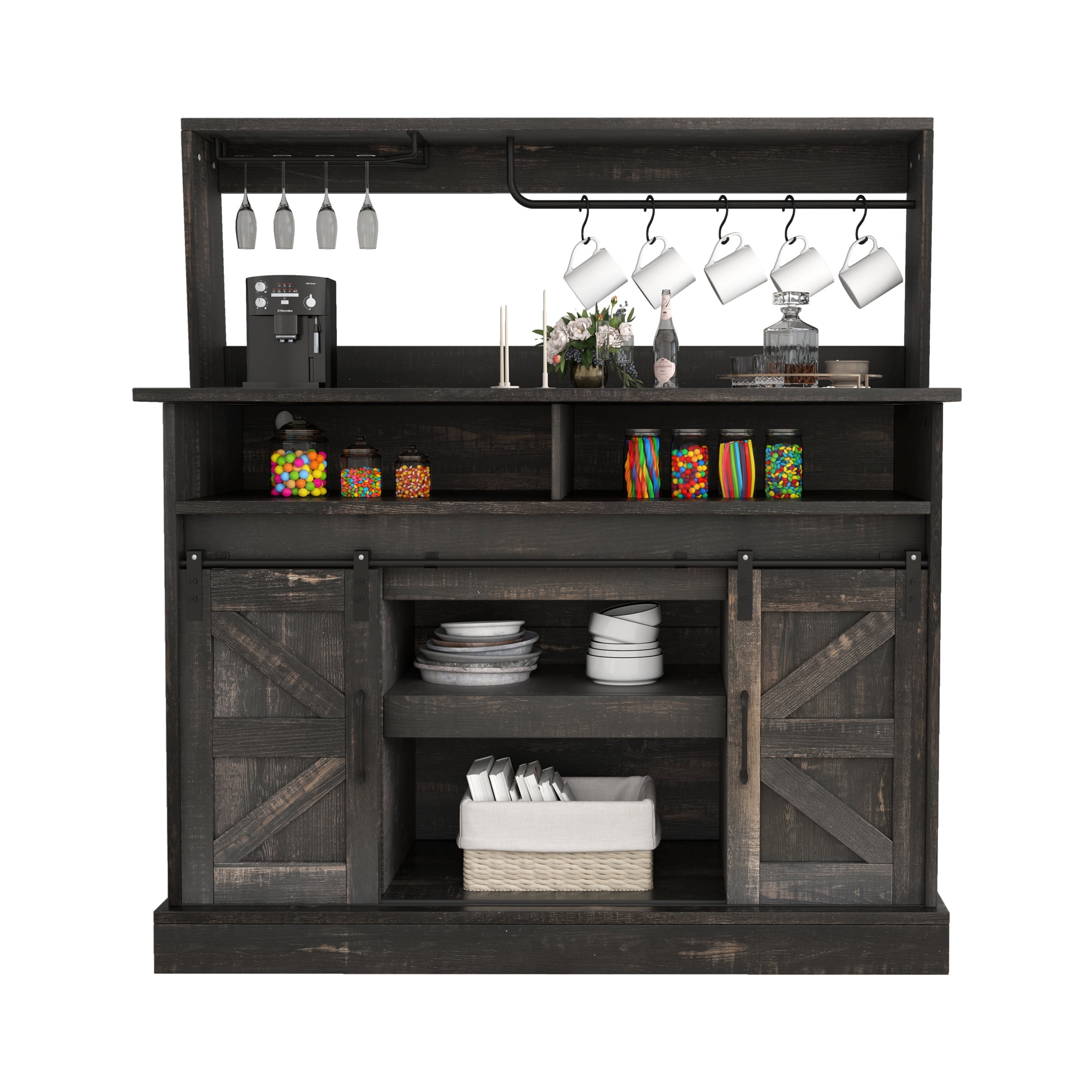Uforic 47" Farmhouse Coffee Bar Cabinet, Sideboard Buffet with Power Outlets & Sliding Barn Doors, White