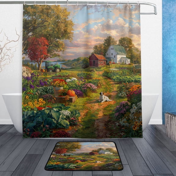 TTYFWHD 60" x 72" Shower Curtain and Bath Mat Set Sunset Farm Garden Waterproof Bathroom Curtain with 12 Hooks, Bathroom Decor Set