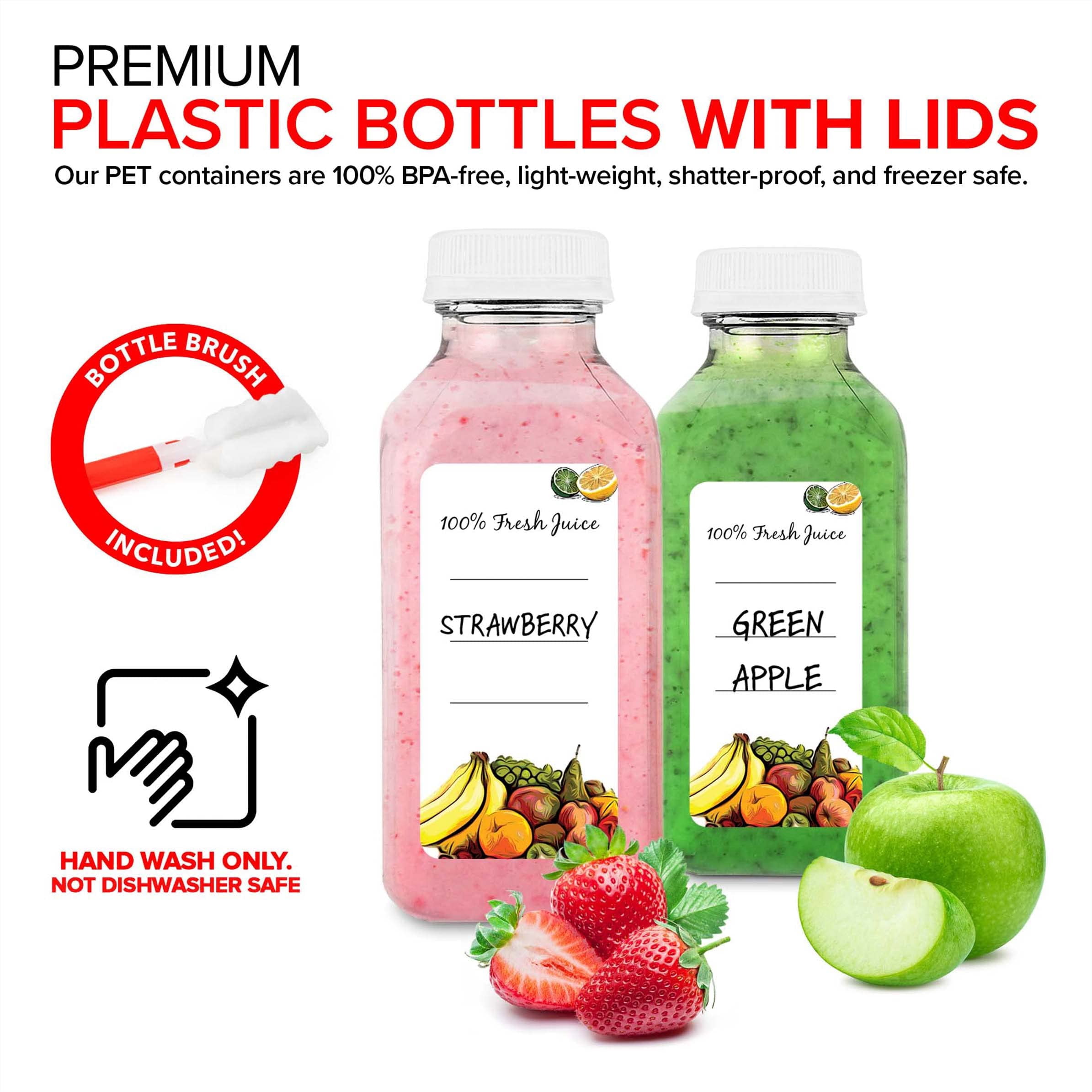 Juice Bottles with Caps for Juicing & Smoothies, Reusable Clear Empty Plastic Bottles with Caps, 12 Ounce Drink Containers for Mini Fridge, Juicer Shots, Small Water Bottles Bulk 12 oz (12 Pack)