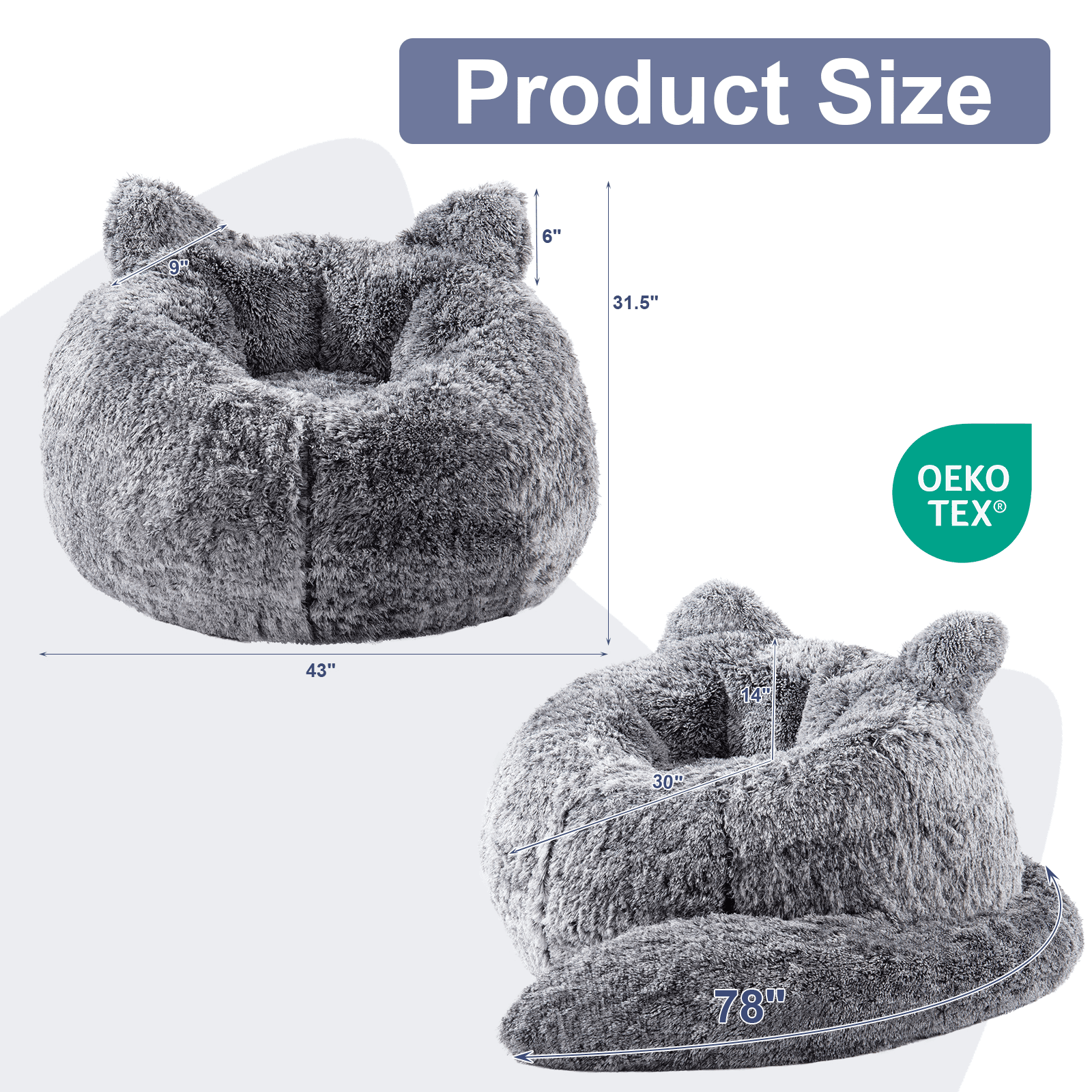 Ebenchico 3.6ft Cat Shaped Bean Bag Chair for Adults Teens Kids, Giant Faux Fur Plush Beanbag Chairs with Filler, Black