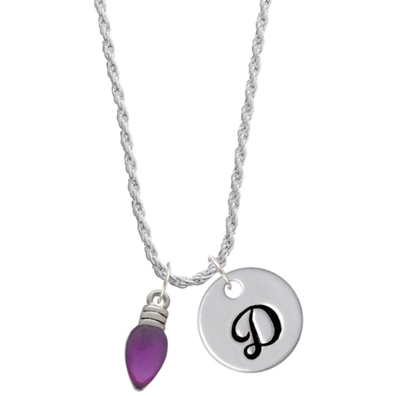 Delight Jewelry Silvertone Christmas Lights - Purple Resin Silvertone Script Initial Disc - D - Charm Necklace, 20"+3"