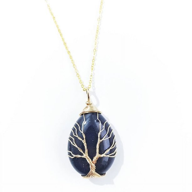Zhuge Collar con colgante de árbol de la vida, adornos de collar para hombres y mujeres hechos a mano, collar con colgante de gota de agua de árbol de la vida envuelto en oro (azul oscuro)