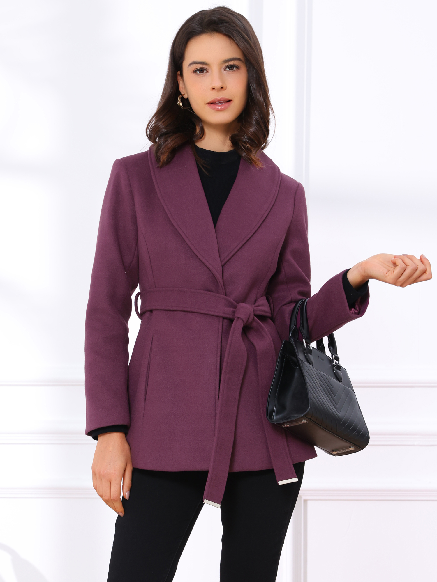 DARING DIVA Women's Lapel Collar One Button Overcoat with Belt S Purple