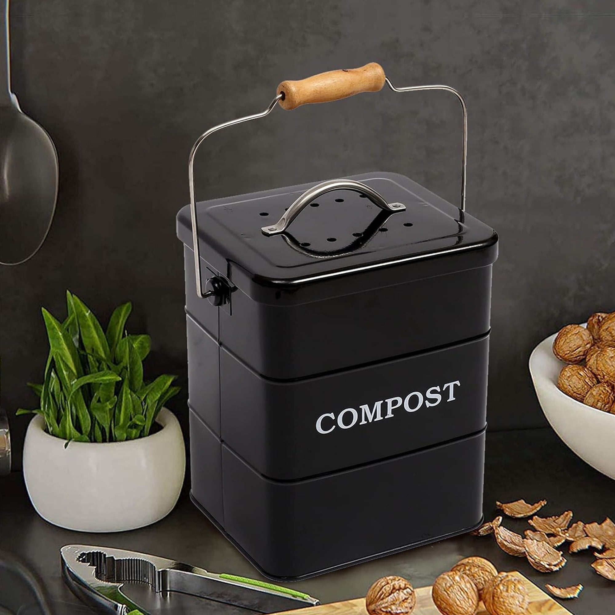 Pethiy Stainless Steel Compost Bin for Kitchen Countertop Compost Bin，1 Gallon, Kitchen Trash Can -Includes Charcoal Filter，Compost Bucket Kitchen Pail Compost with Lid-Black