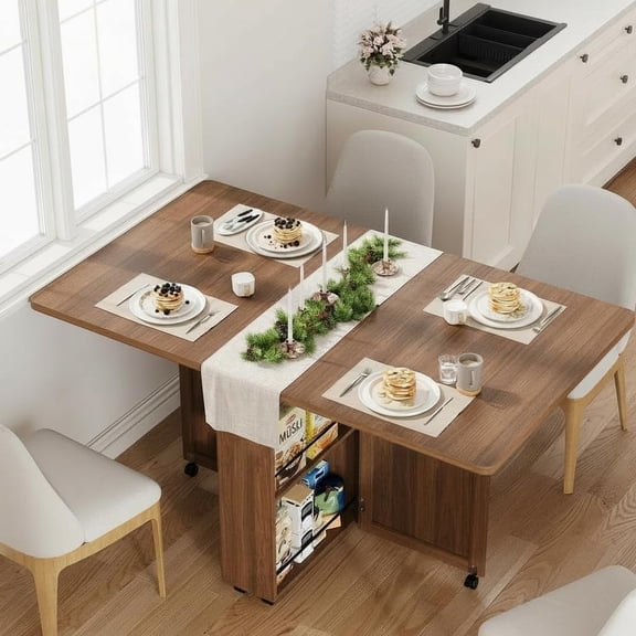 Folding Dining Table with Storage, Drop Leaf Kitchen Table with 6 Rolling Casters, Drawer, Cabinet and Shelves, Space Saving Dining Table for Small Spaces, Apartment, Kitchen,Walnut