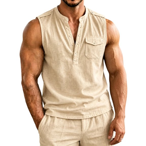 Lopecy-Sta Tank Tops for Men Stand Collar Half Button Sleeveless Henley Linen Blend Chest Pocket Loose Casual Summer Vests