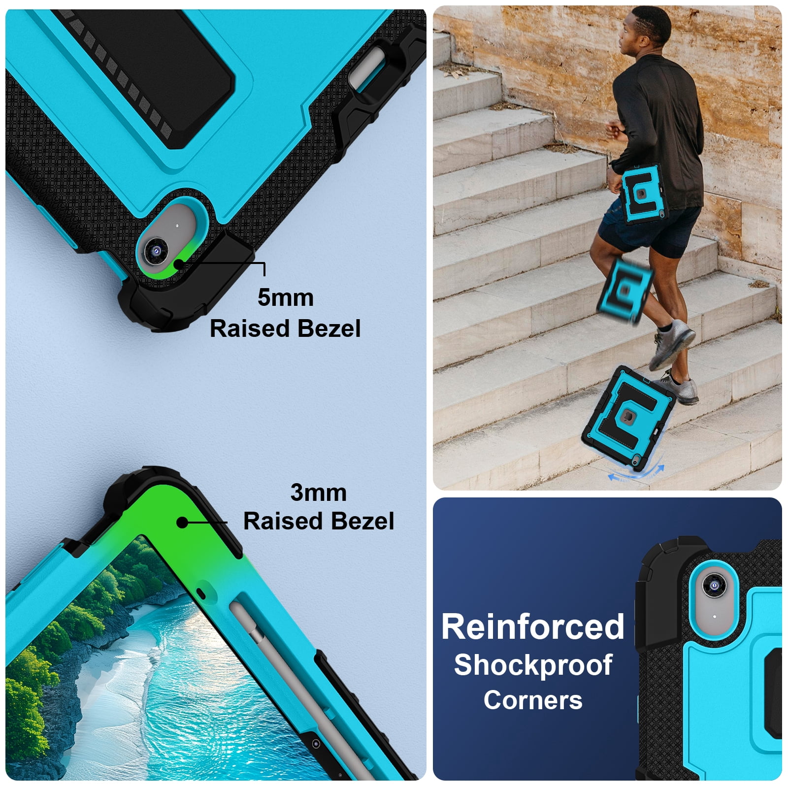 ELEHOLD 3-Layer Rugged Case For Apple iPad Air 13‑inch (M4) 2026, Heavy Duty Shockproof Logo Visible Foldable Kickstand Drop Protection Cover with Pencil Holder + Shoulder Strap, Black+Blue