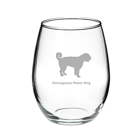 Portuguese Water Dog Deep Etched Stemless Red Wine Glass