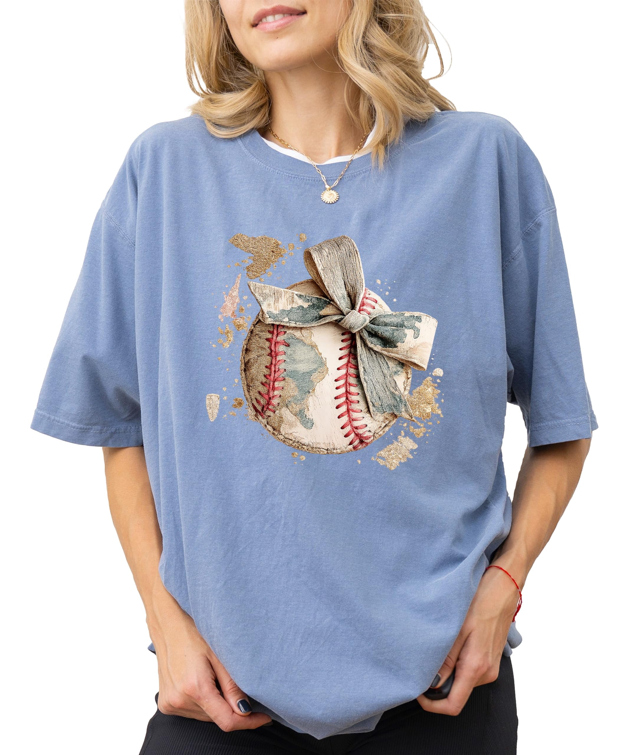 Cute Baseball Bow Shirt for Women - Coquette Game Day Tee - Trendy Sports Mom T-Shirt Blue Jean Shirt Adult 2XL