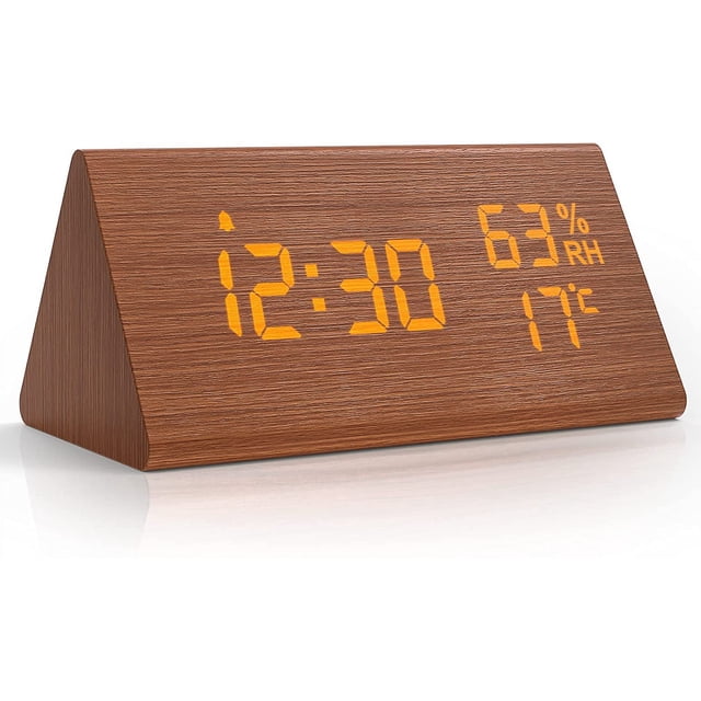 Reloj despertador digital Rawiri LED reloj digital madera, reloj despertador digital reloj de mesa con control de voz/repetición/fecha/temperatura y humedad, para mesita de noche, dormitorio, noche
