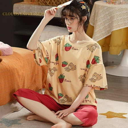 

QWZNDZGR New Arrivals Knitted Cotton Summer Short Sleeved Plus Size M-5XL Women Pajamas Set Pyjamas Women Sleepwear Cute Cartoon Pijamas