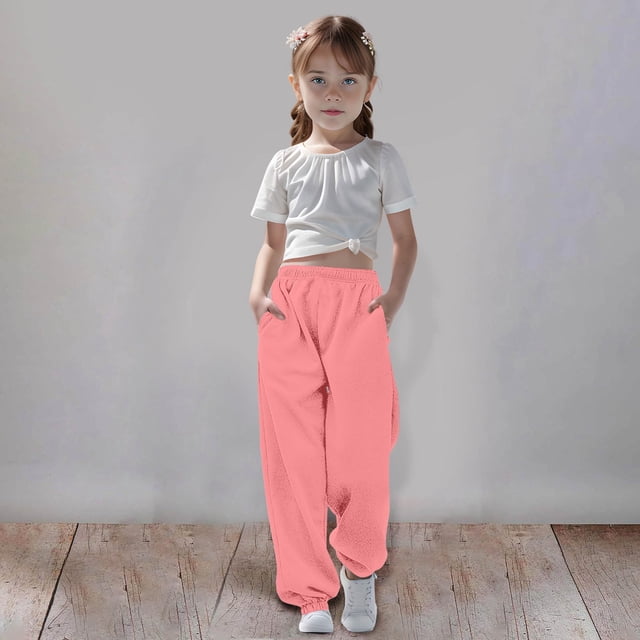 Medium & Large Girls Sweatpants - Solid Color, Drawstring, Fleece-Lined, Adjustable Waist, for Sports & Casual Outings