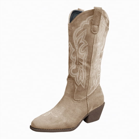 UngA Women's Cowgirl Boots Mid Calf Cowboy Embroidered Western Pointed Toe Chunky Heel Pull On Knee High Boots Khaki,Size 8.5