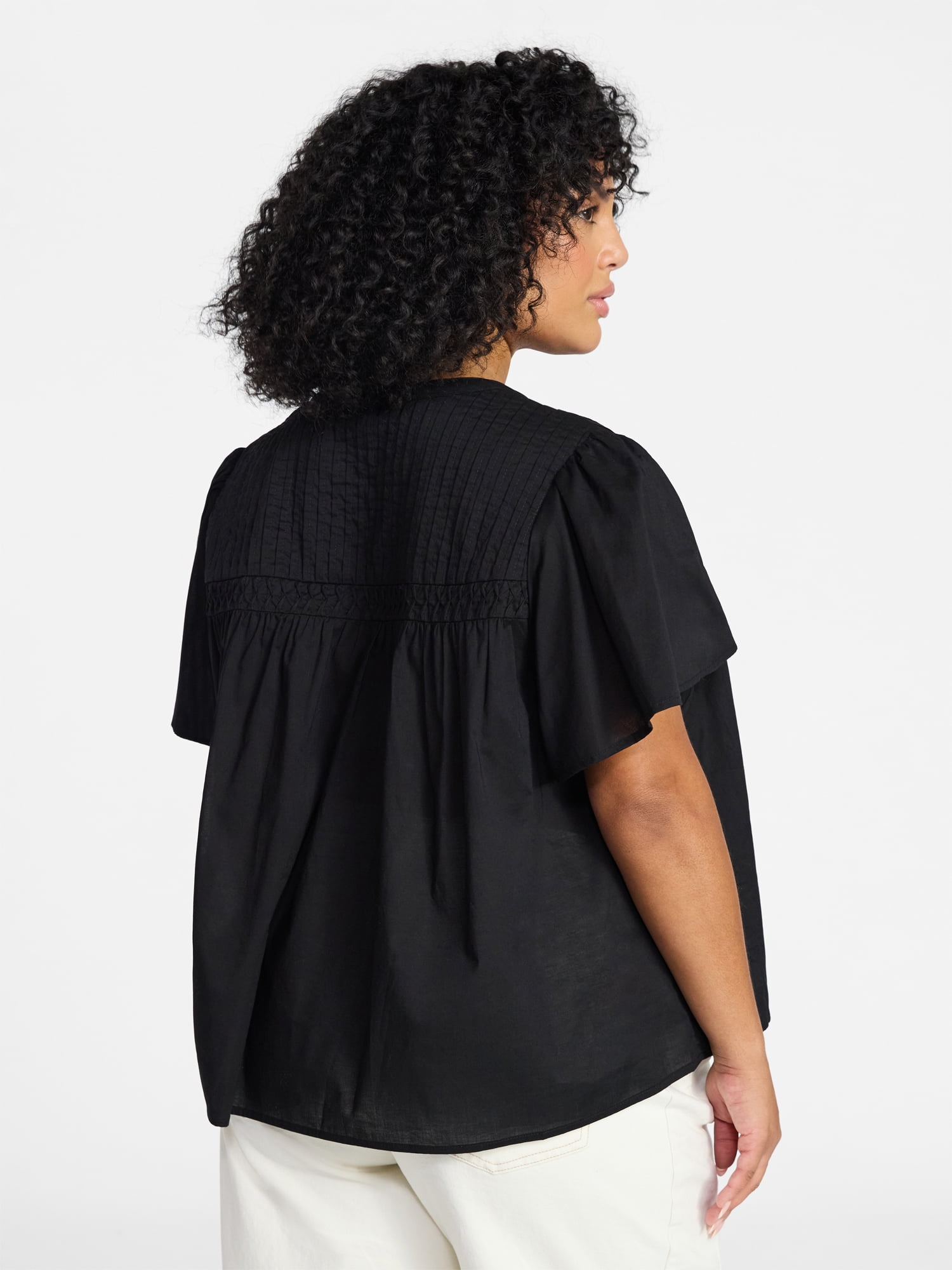 Terra & Sky Women’s Pleated Yoke Top with Short Flutter Sleeves, Sizes 0X-5X