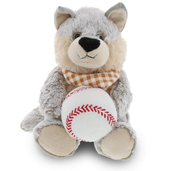 DolliBu Sitting Wolf Stuffed Animal with Baseball Plush - Soft Plush Huggable Wolf, Adorable Playtime Plush Toy, Cute Wildlife Gift, Baseball Plush Doll Animal Toy for Kids and Adults - 9 Inch