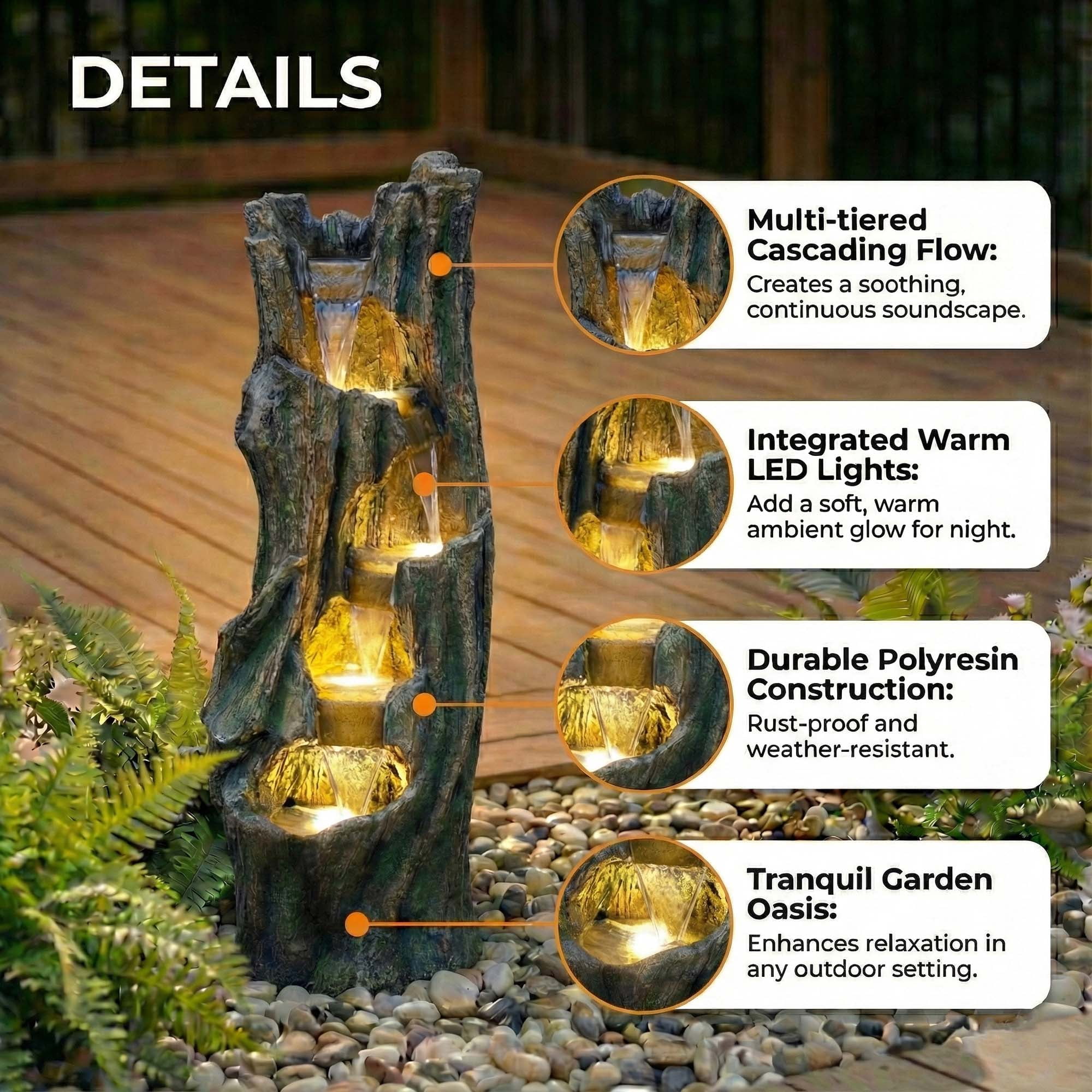 Miniyam Outdoor Waterfall Fountain with Energy-Efficient LED Lights – Easy Setup Garden Fountain for Patio, Backyard, Deck, Instant Relaxation