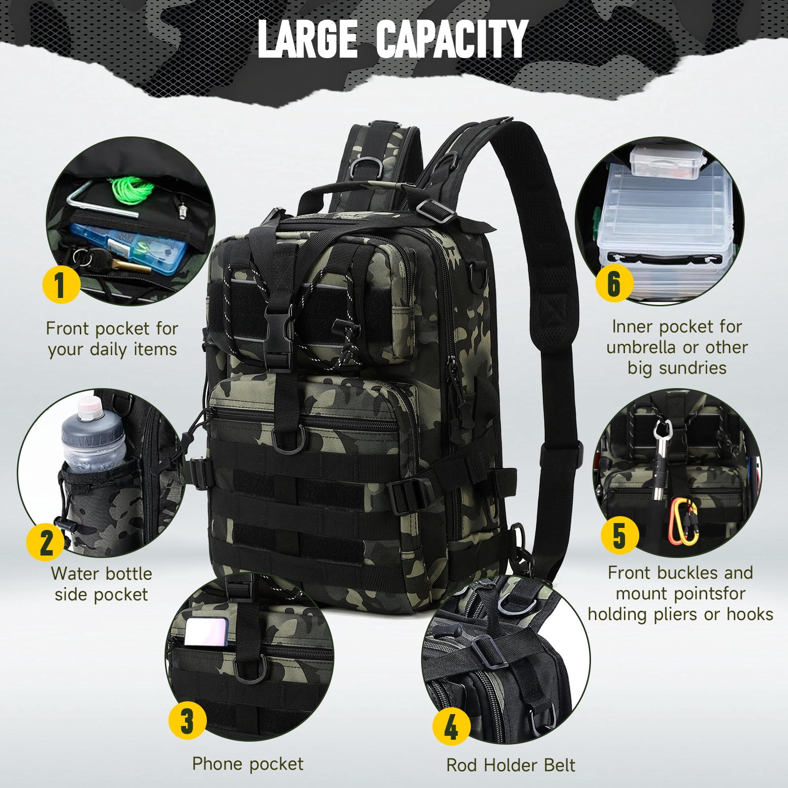 YTAKY 45L Fishing Bag, Fishing Backpack with Rod Holder, Waterproof, Fishing Tackle bags, Breathable Shoulder Sling Fishing Gear Bag Green