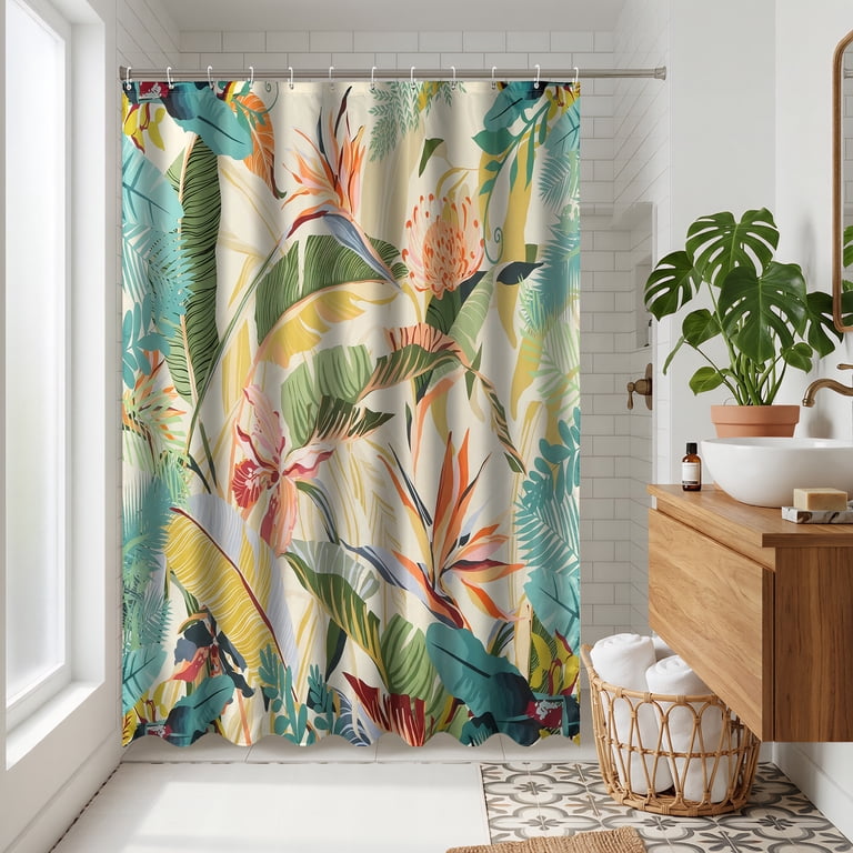 Tropical Leaf Shower Curtain with Palm and Monstera Print photo 3