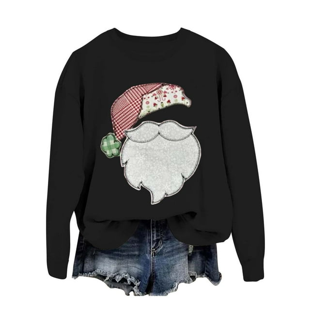 FYEGRE Chandail à Col Rond à Manches Longues Sans Capuche pour Femme, Imprimé, Haut Confortable, Décontracté, Doux, Vêtement de Sport, Tenue Festive pour les Fêtes, Noir G