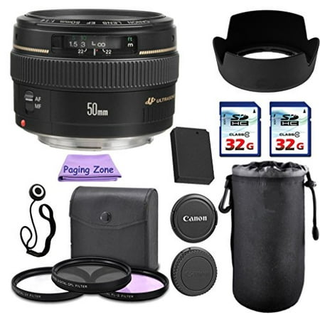Canon EF 50mm f/1.4 USM Camera Lens. PagingZone Deluxe Kit. 3Piece Filter Set + Lens Case + Lens Hood + 2 PC 32GB Class 10 Card + Cleaning Cloth + Battery Pack For EOS 6D 70D 5D MK II