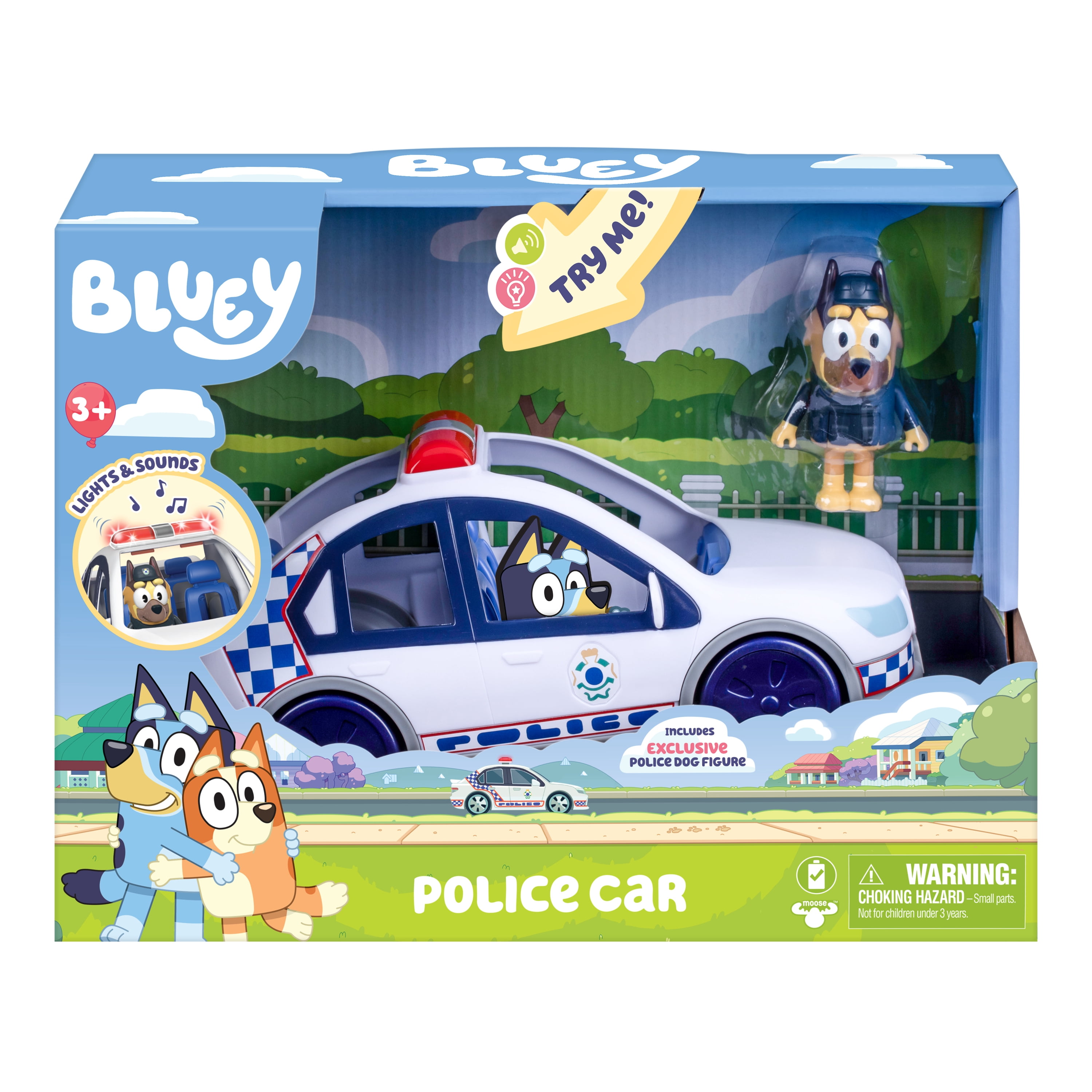 Bluey Police Car with Flashing Lights & Sounds, Policeman Figure, and Themed Sticker Set, from the Special Episode "The Sign". Batteries Incl. Ages 3+