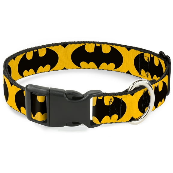 DC Comics Pet Collar, Dog Collar Plastic Buckle, Bat Signal Black Yellow Black, 11 to 16.5 Inches 1.0 Inch Wide