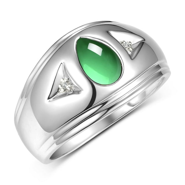 RYLOS Men's Rings Sterling Silver Pear Shape Tear Drop Cabochon Gemstone & Diamond Rings; Cabochon Emerald Size 12