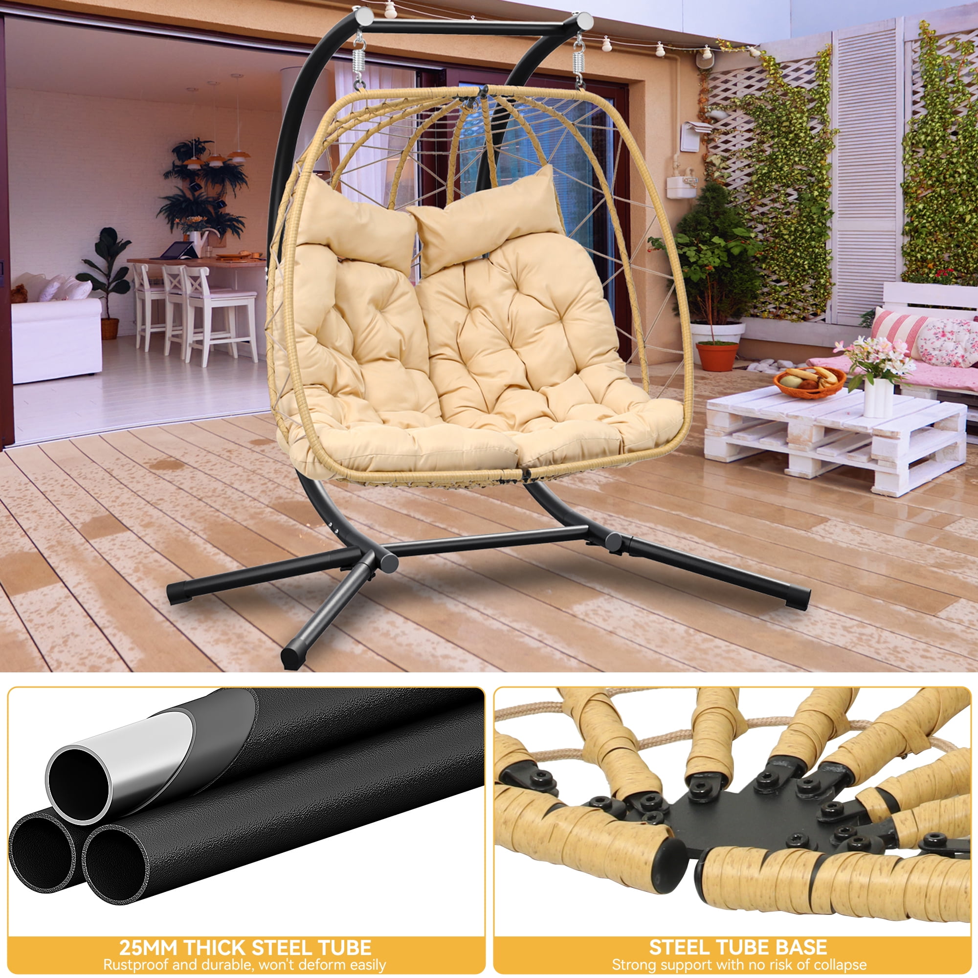 Dextrus Rattan Egg Hanging Chair with Stand, Beige