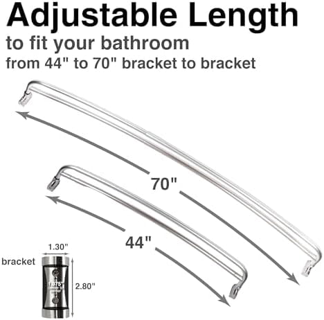 Double Curved Shower Rod, Metal Construction, Adjustable Between 44 to 70 Inches, Aluminum Rods and Zinc Mounting Hardware, Quality Modern Bathware, Brushed Nickel Finish