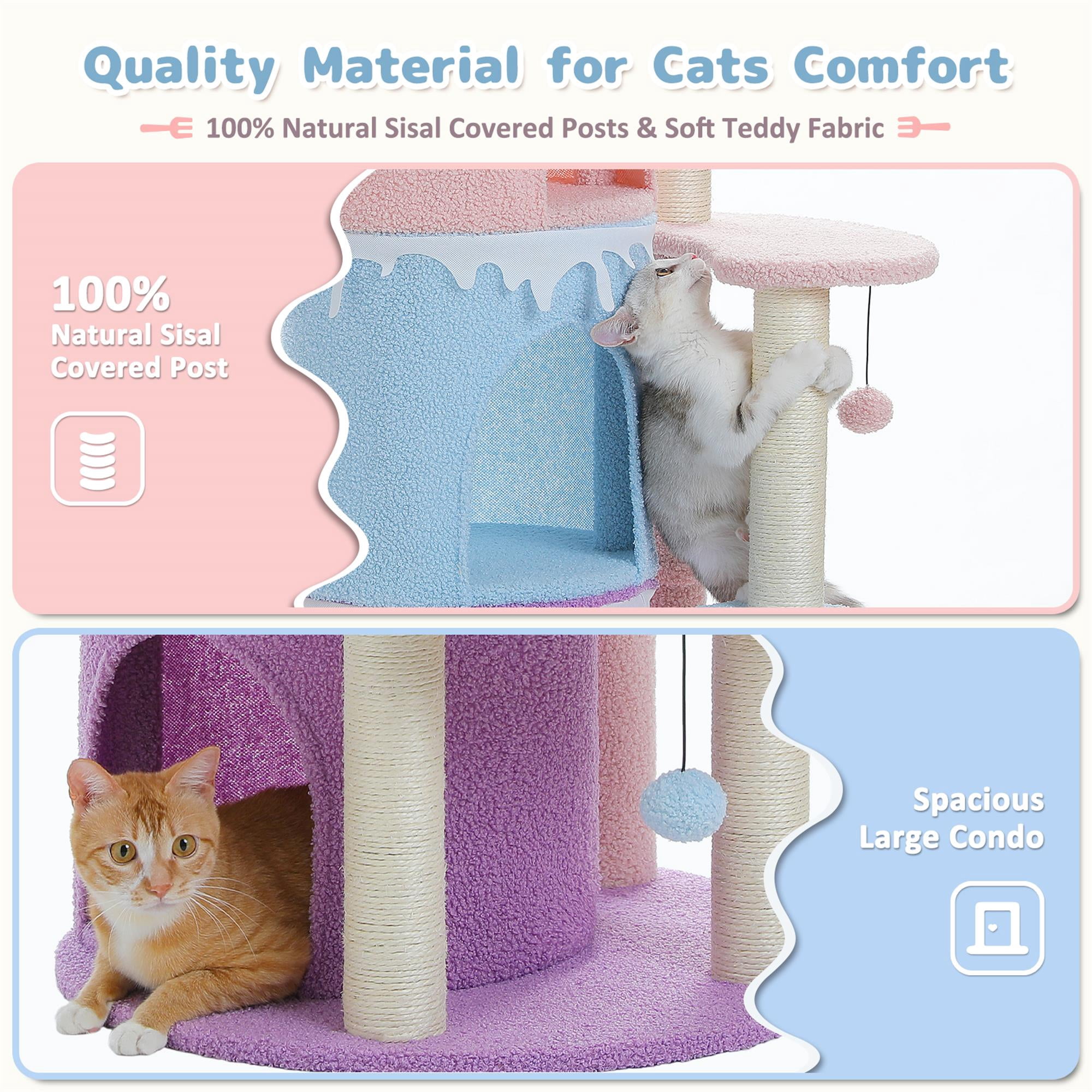 resenkos 43" Cat Tree Tower for Indoor Large Cats, Cat Bed House with 3 Large Cat Condos and Sisal Covered Scratching Posts for Kittens, Pink