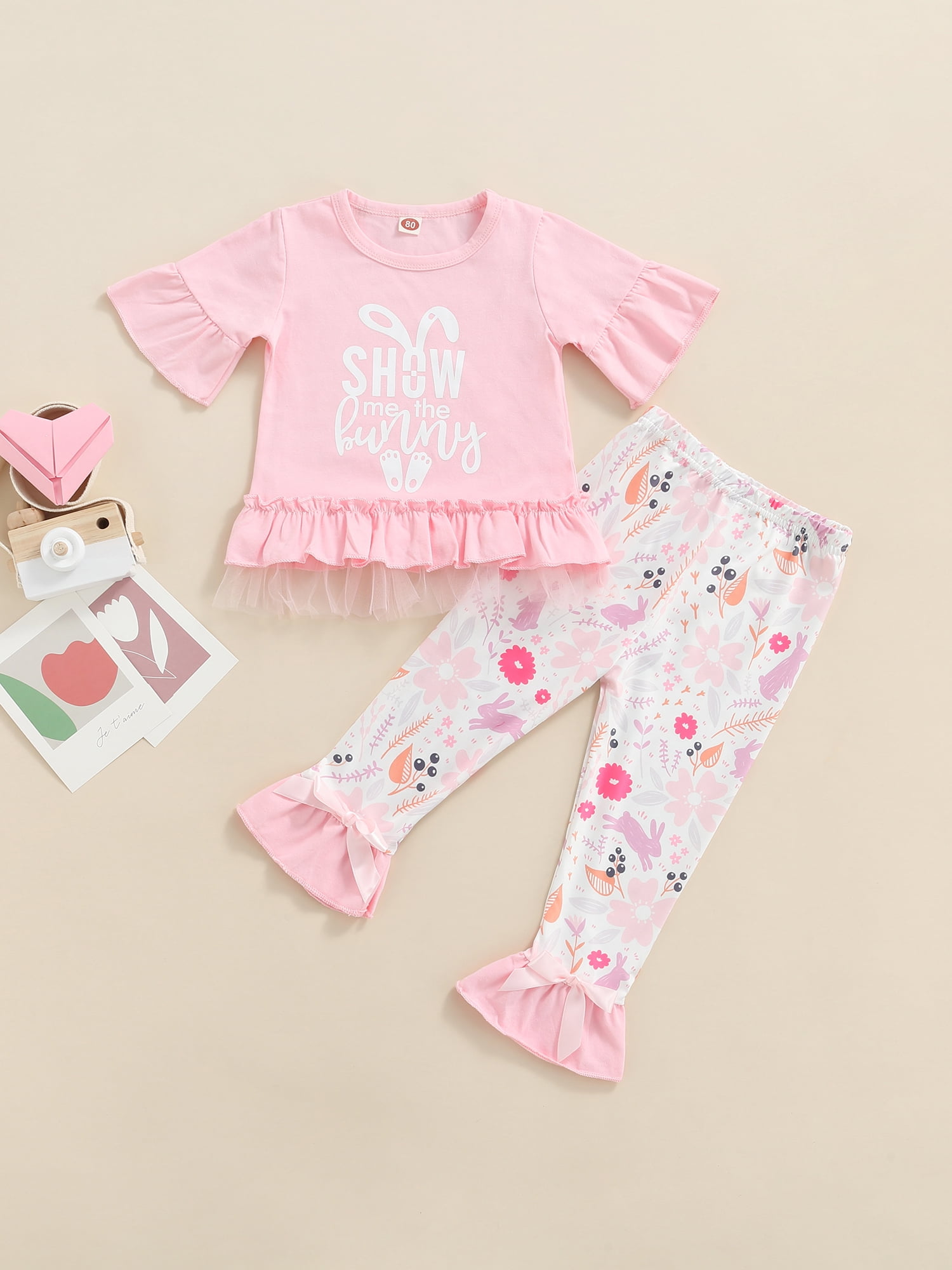 Baby Shark 2-piece Toddler Girl Easter Letter Print Cotton Tee and Polka dots Mesh Skirt Set