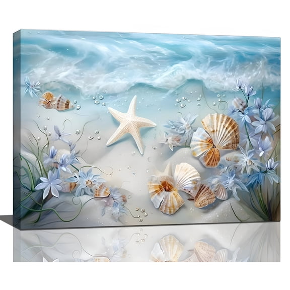 CCOCC 2026 New Beach Seashell Bathroom Wall Art Coastal Floral Pictures Wall Decor Flower Starfish Canvas Painting Modern Home Decorations Artwork for Bedroom Living Room Office Framed 16"X12"