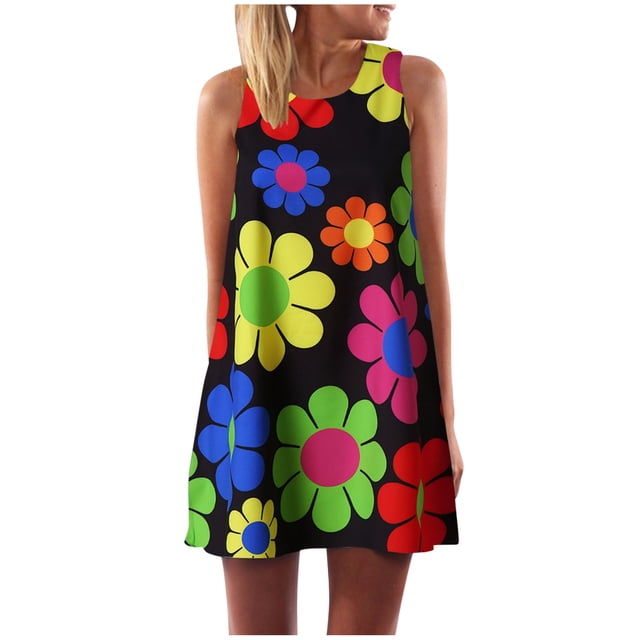WILLBEST Vestidos de Verano para Mujer Vintage Boho Verano sin Mangas Playa Estampado Mini Vestido Corto Grande