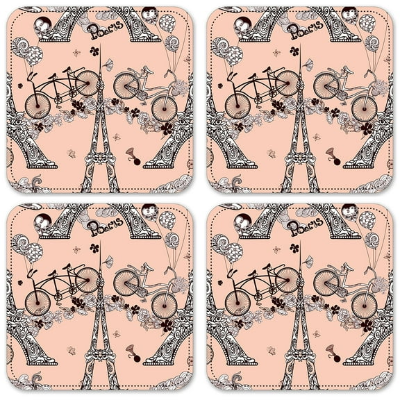 Vinyl Drink Coasters - Set of 4 - Eiffel Tower with Bicycles