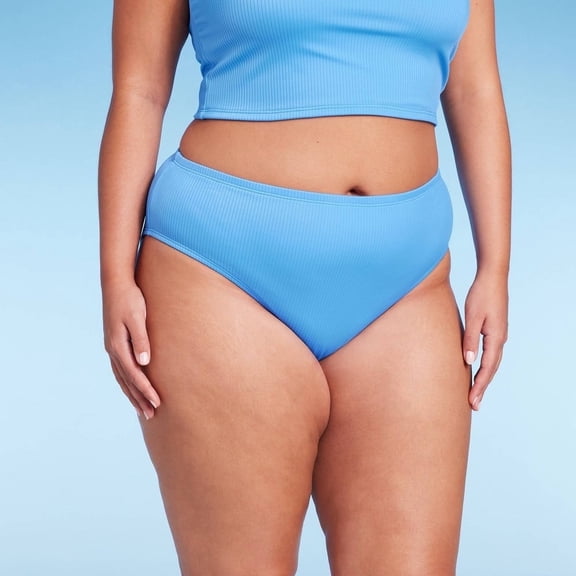 Women's Ribbed Scoop Front High Leg Cheeky Bikini Bottom ‚Blue 1X