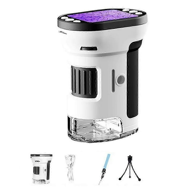 1000x handheld microscope for kids 4k 2.0in screen rechargeable pocket digital microscopes magnifyi dispositivo de mano blanco, vista frontal centrada con cuerpo cilíndrico, rueda de enfoque negra, base transparente y botón lateral; pantalla IPS de 2.8 pulgadas (1080P, 10MP) según ficha, incluye cable USB, correa y mini trípode; funciones de microscopio, cámara y telescopio para explorar insectos, plantas, monedas y telas; a menudo usado para documentar colecciones escolares.