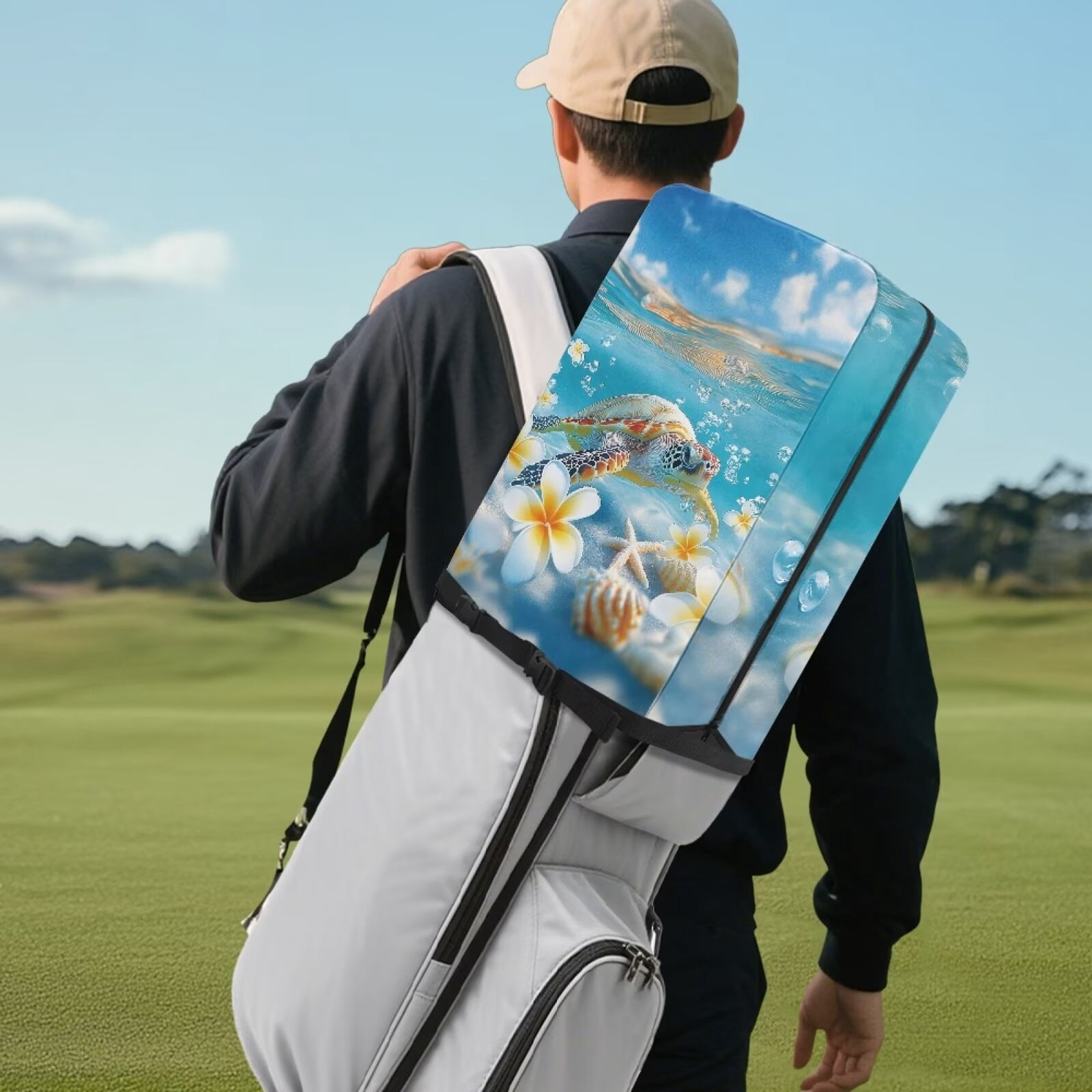 Chririnla Sea Turtle Starfish Golf Bag Rain Cover Dust & Sun Protection Umbrella for Clubs with Snap Button Universal Fit for Most Club Bags, Stand Bags, Cart Bags & Tour Bags