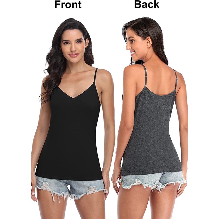 Women's Camisole V-Neck Lace Trim Cami Tops with Shelf Bra Undershirts Pack  of 2