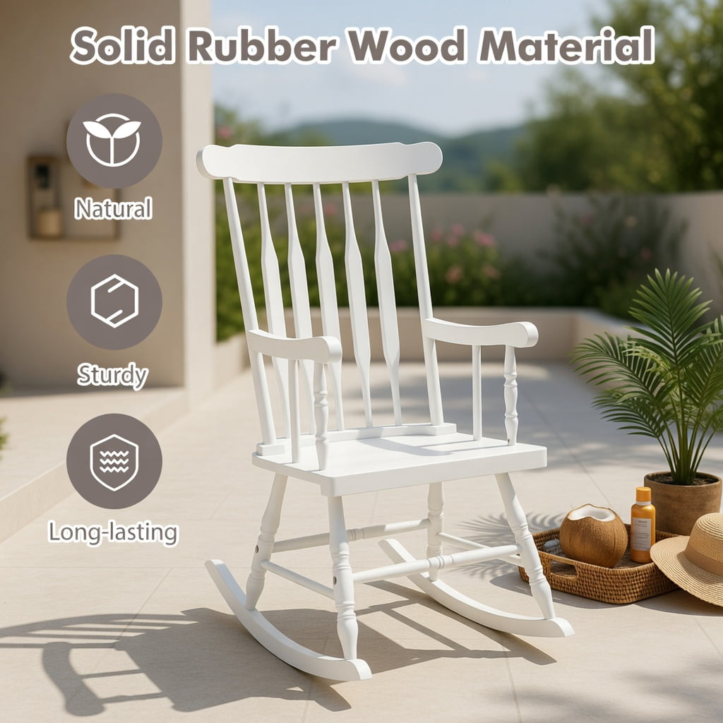Hommoo Solid Rubber Wood Rocking Chair for Patio, Garden & Indoor Use, Ergonomic Outdoor Rocker with High Back & Curved Armrests, White