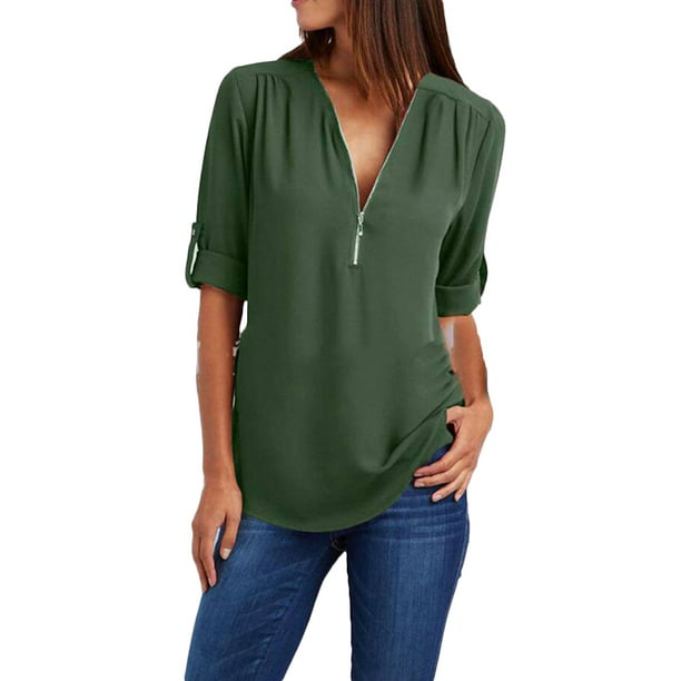 DYMADE - DYMADE Women's Zip Front V-Neck 3/4 Sleeve Tunic Casual Top ...