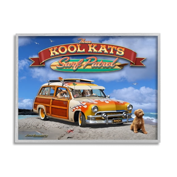 Stupell Industries Kool Kats Beach Transportation Painting Gray Framed Art Print Wall Art, 14 x 11