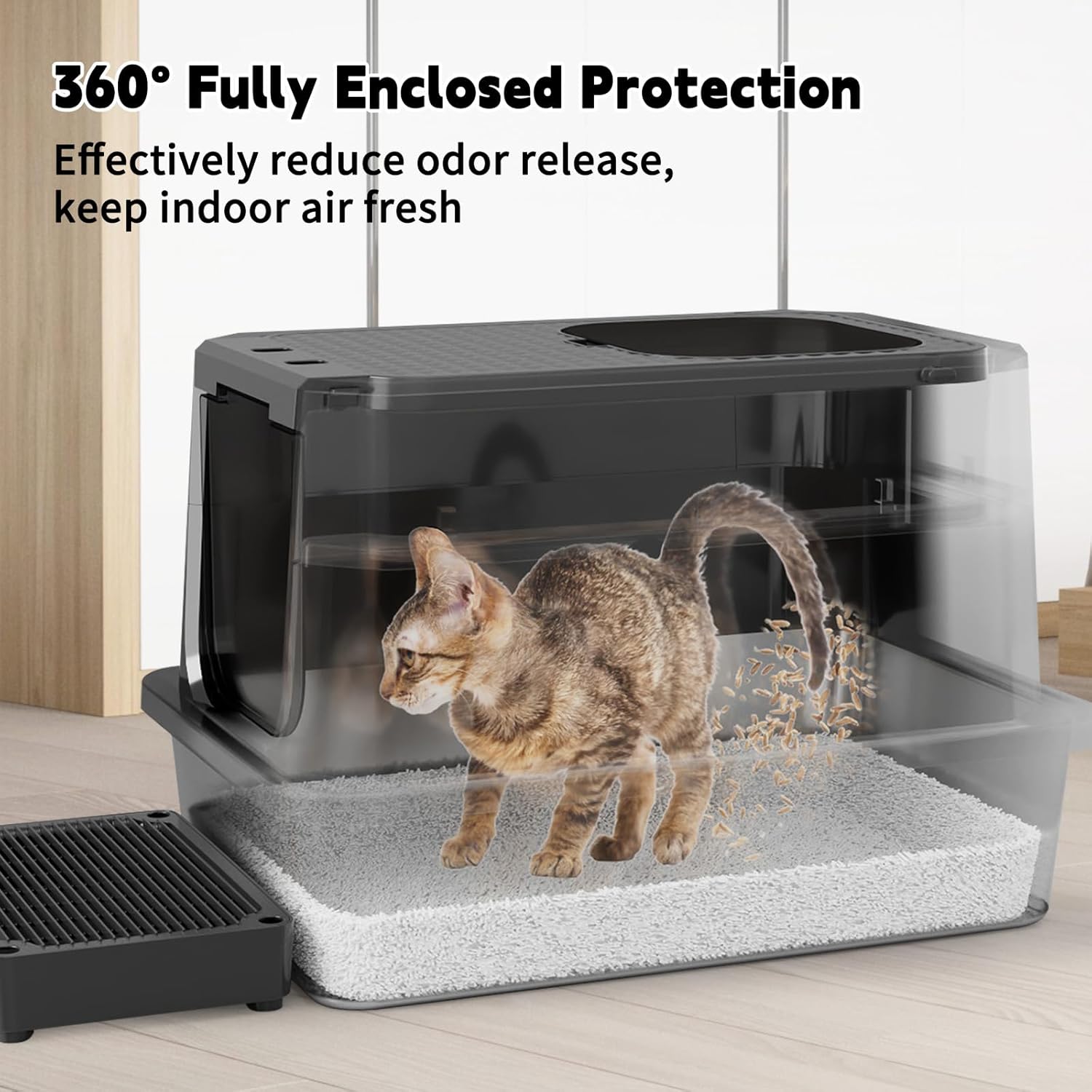 Enclosed Cat Litter Box: All Black Stainless Steel - Odor-Resistant & Easy Wipe Clean - Teflon Non-Stick Coating for Quick Cleaning - Large Top-Exit Pan for Modern Homes Garage