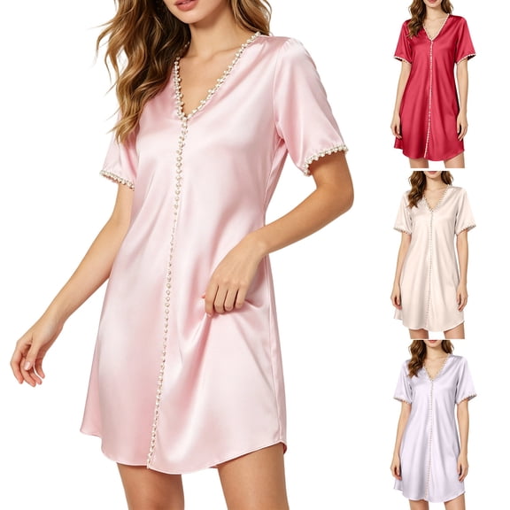 Taqqpue Women's Silk Nightgowns Short Sleeve Round Neck Knee Length Sleep Shirts Solid Color Loose Fit Home Dress Sleepwear Plus Size Summer Sleep Dress for Women